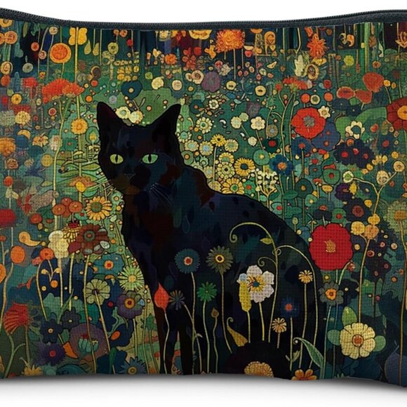 Handbags - Black Cat Floral Cosmetic Bag Pouch - Makeup Bag for Women, Cat Lover Gift, Mom